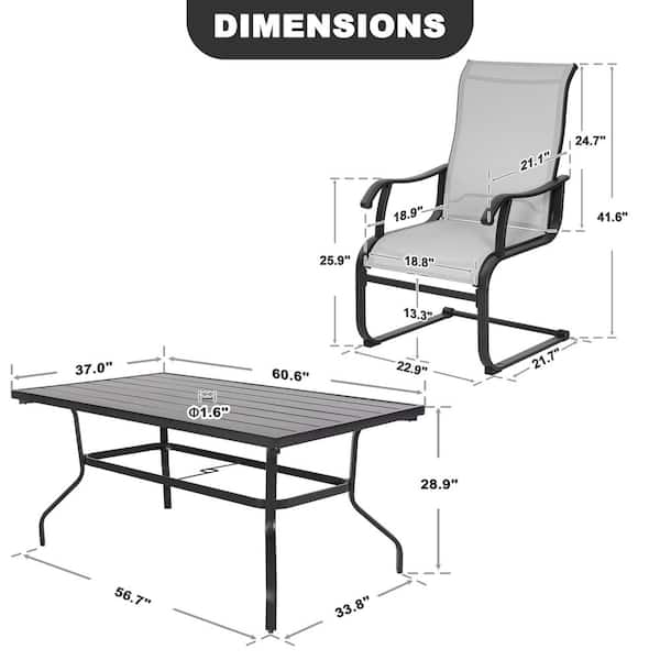 Black 7-Piece Iron and Textilene Rectangular Outdoor Dining Set with Umbrella Hole, C-Spring Motion Chairs