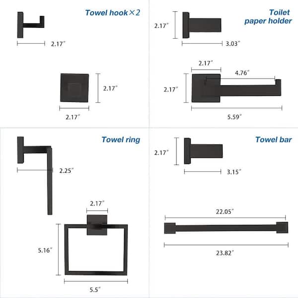 5-Piece Bathroom Towel Rack Set: Towel Bar + Ring + Hooks + TP Holder, Brushed Finish in Black