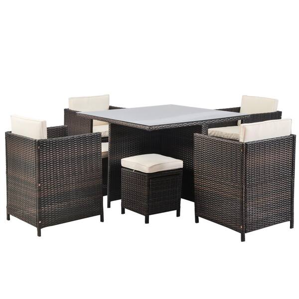 Brown 9 Piece Rattan Wicker Patio Conversation Set with Beige Cushions