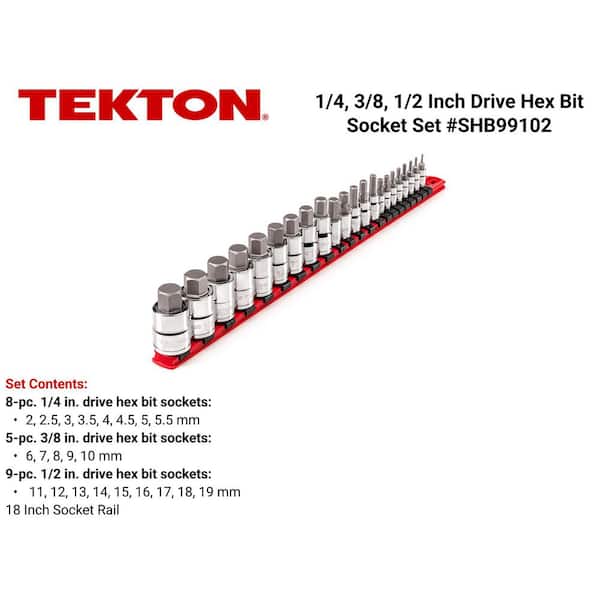 1/4, 3/8, 1/2 in. Drive Hex Bit Socket Set with Rail, 22-Piece (2-19 mm)