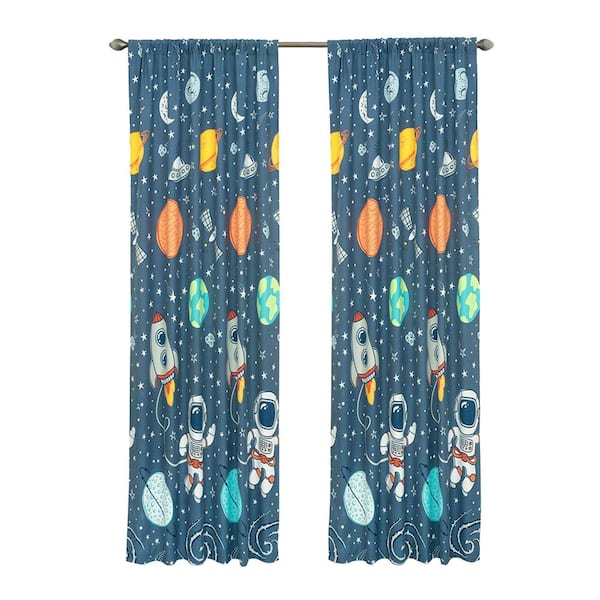KIDZ MIX Space Explorer 48 in x 84 in Microfiber Light Filtering Window Panel in Blue (2-pack)