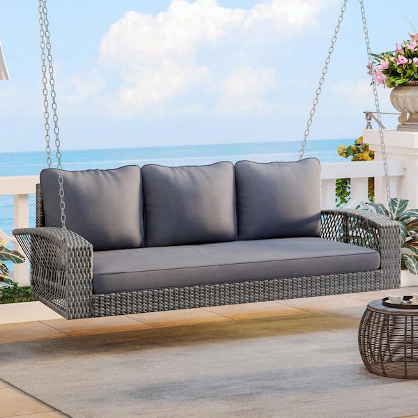 Harper & Bright Designs Gray Wicker 3-Person Outdoor Patio Porch Swing with Chains and Gray Cushions