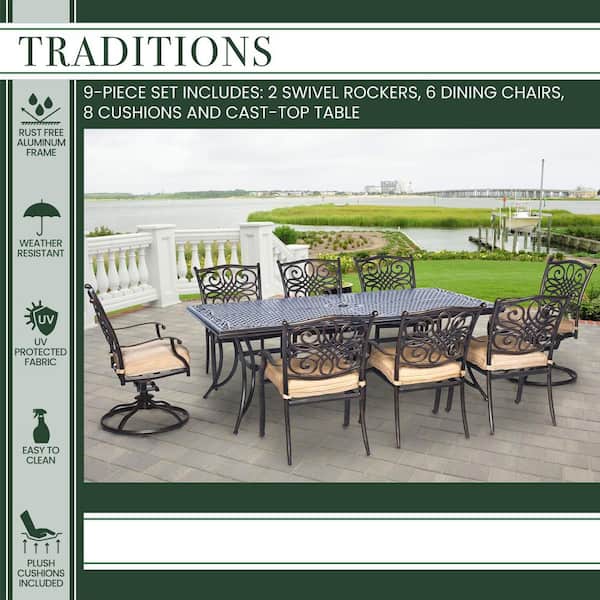 Hanover Traditions 9 Pc Aluminium, Patio Dining Set With Six Swivel Chairs