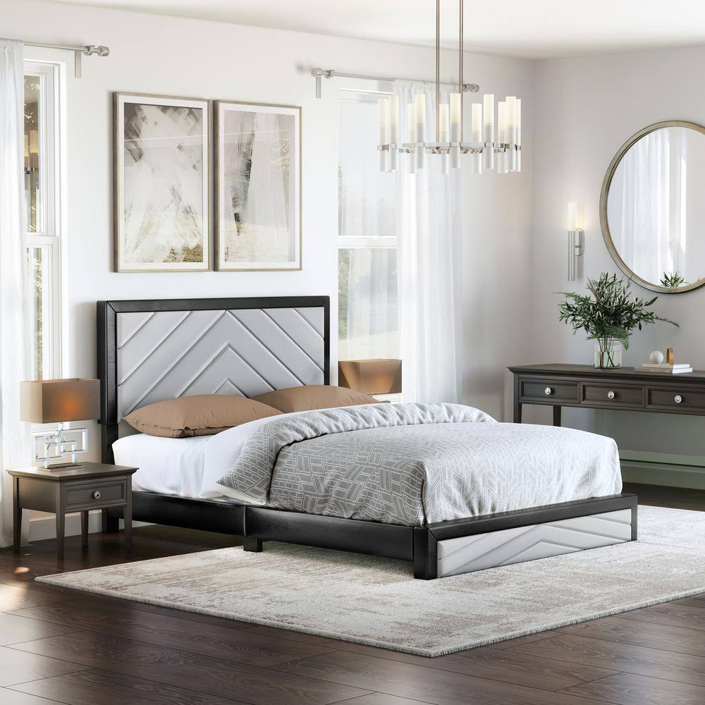 Queen Black and Gray Faux Leather Upholstered Platform Bed with Chevron Headboard