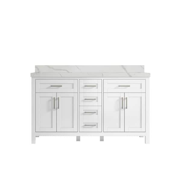Willow Collections Cambridge 60 in. W x 22 in. D x 36 in. H Double Sink Bath Vanity in White with 2 in. Calacatta Quartz Top