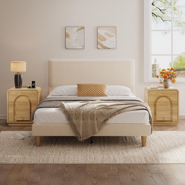 Curved Profile Design Natural 23.62 in. H Nightstands with 2 Storage Drawers (Set of 2)