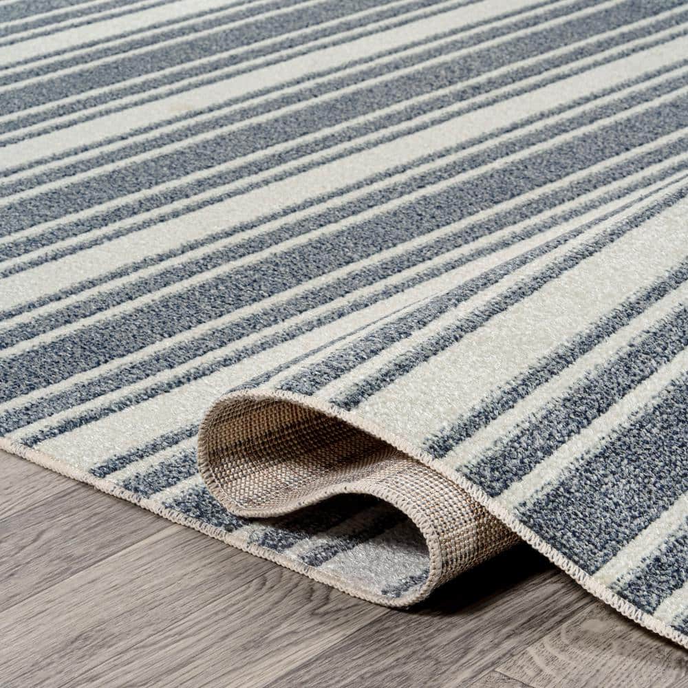 Cream and Dark Gray Striped Washable Synthetic Area Rug