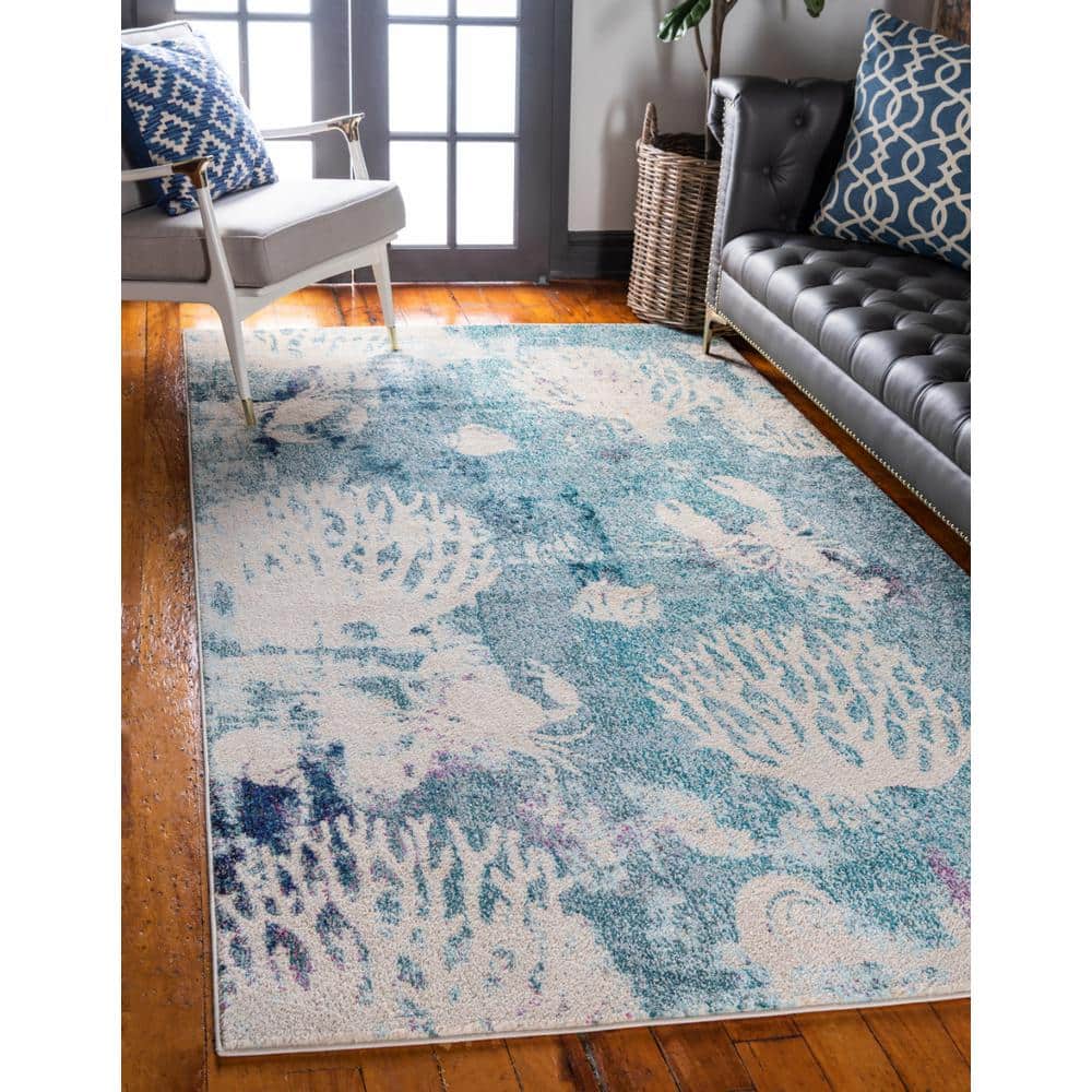 Light Blue Coastal Coral Pattern Synthetic Area Rug, 8' x 10'