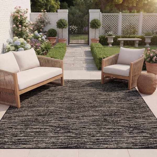 Beach House 8 ft. x 10 ft. Black/Beige Distressed Striped Solid Indoor/Outdoor Area Rug
