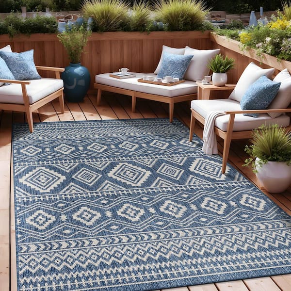 Waikiki Blue/White 4 ft. x 6 ft. Moroccan Geometric Washable Modern Indoor Outdoor Area Rug