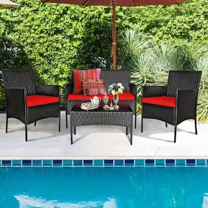 4-Piece Patio Metal Rattan Conversation Set with Tempered Glass Top Coffee Table & Seat Cushions in Red