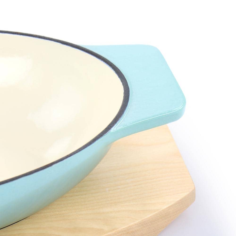 Oval Blue Cast Iron Casserole with Birch Wood Trivet