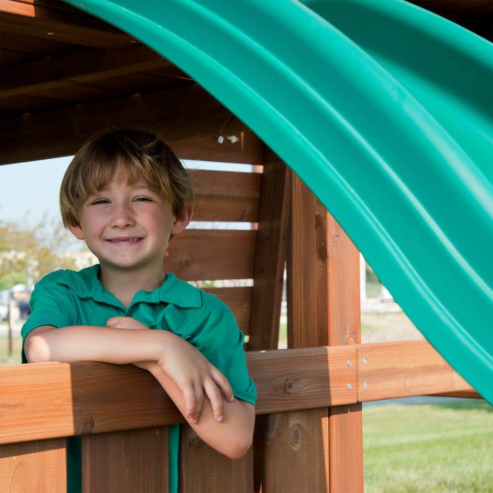 Monteagle Wooden Outdoor Swing Set with Wave Slides and Swings