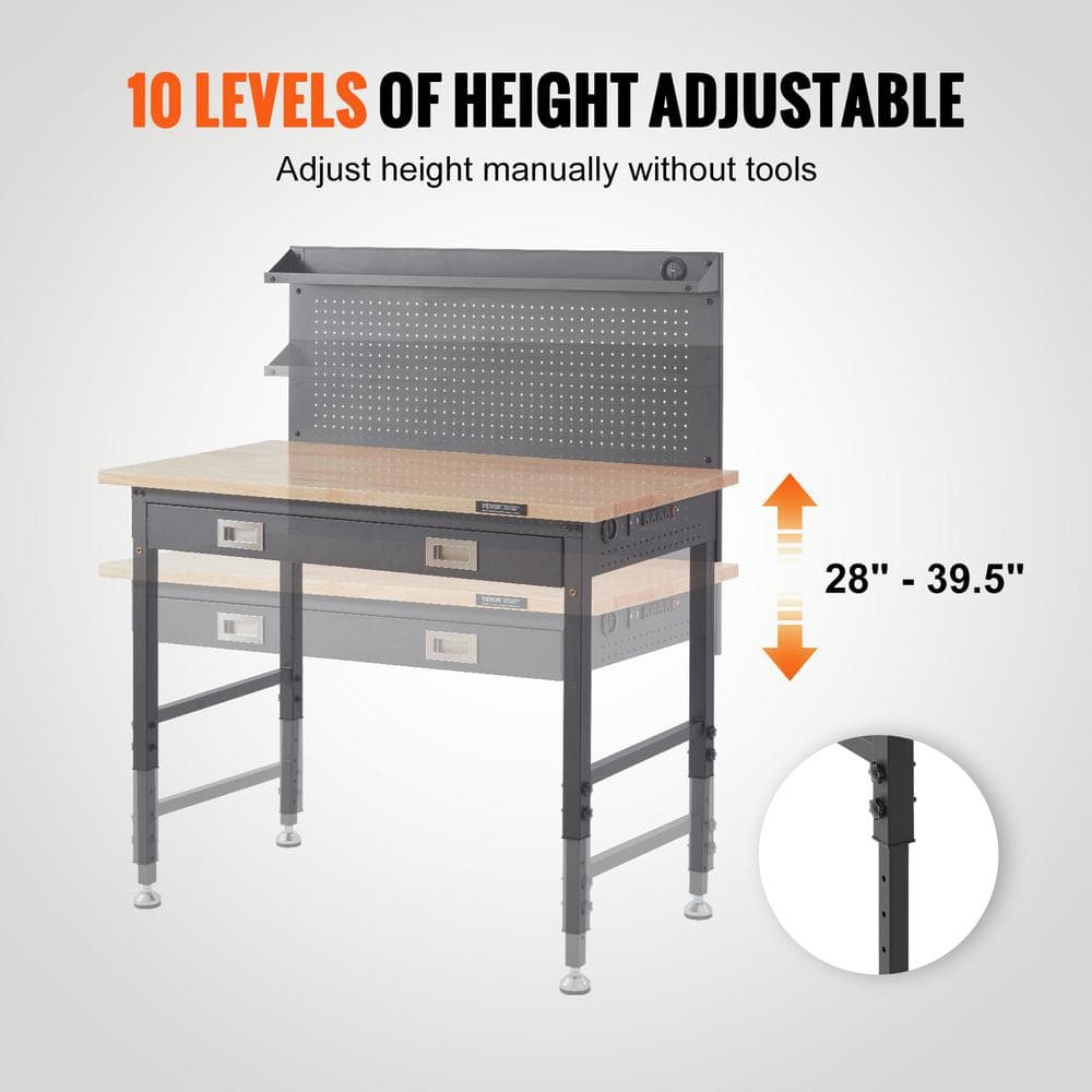 48'' Adjustable Height Oak Plank and Carbon Steel Workbench with Pegboard
