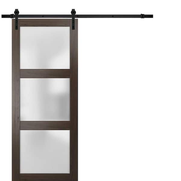 36 in. x 84 in. 1 Panel Frosted Glass Chocolate Ash Solid Wood Sliding Barn Door with Hardware Kit