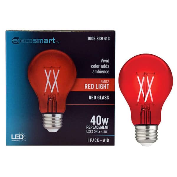 EcoSmart 40-Watt Equivalent A19 Dimmable Filament Red Colored Glass LED Light Bulb (1-Pack)