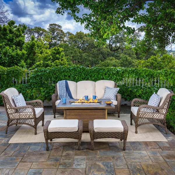 Rio Vista 6-Piece Outdoor Fire Pit Table and Patio Sofa Set with Cushions (Wicker Chairs, Sofa, Ottomans and Fire Table)