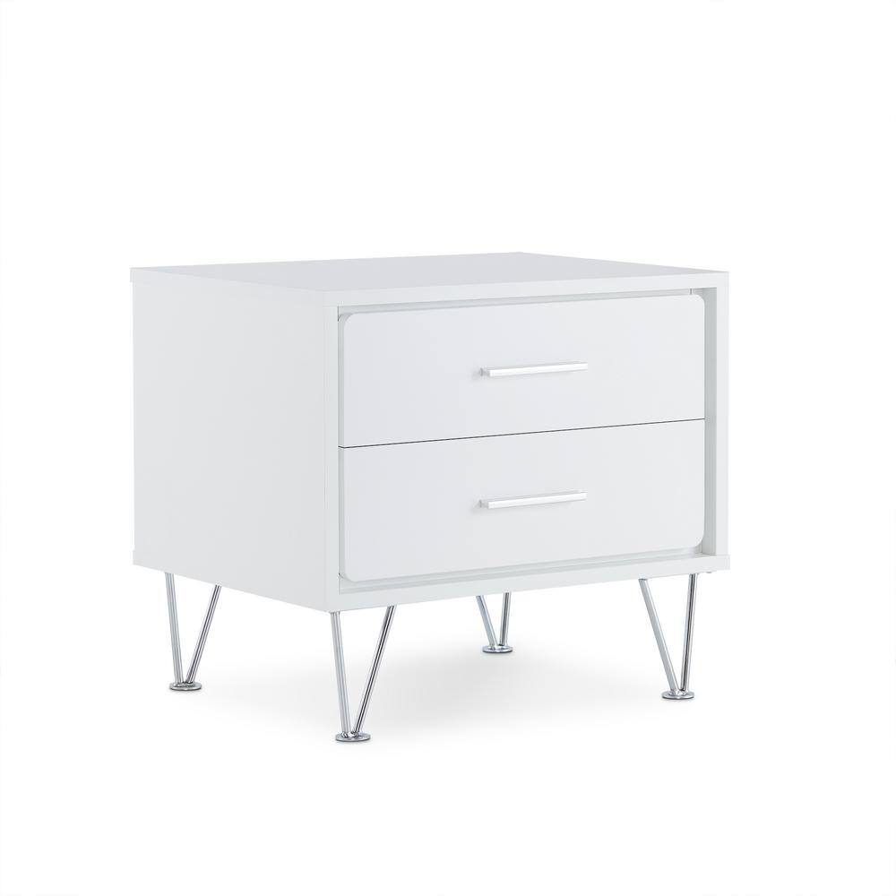 White and Chrome 2-Drawer Nightstand with V-Shaped Metal Legs