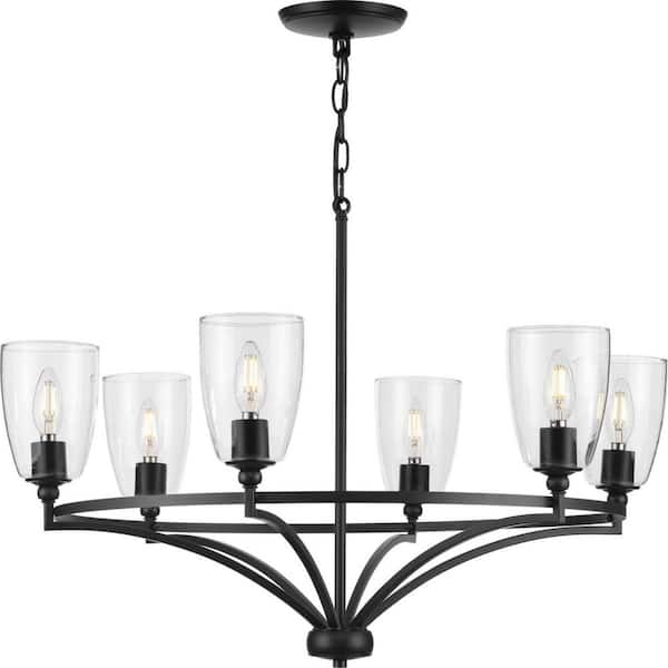 Progress Lighting Parkhurst Collection 30 in. 6-Light Matte Black New Traditional Chandelier with Clear Glass Shades for Dining Room