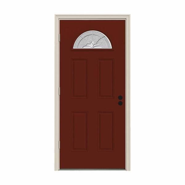 JELD-WEN 32 in. x 80 in. Fan Lite Langford Mesa Red w/ White Interior Steel Prehung Right-Hand Outswing Front Door w/Brickmould