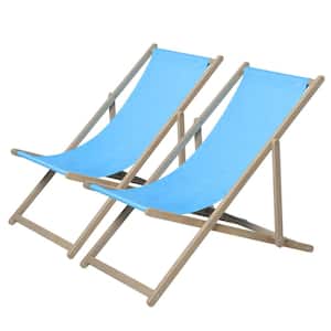 Set of 2 Blue Solid Wood Portable Reclining Patio Beach Chair with Outside 3 Level Height Adjustable