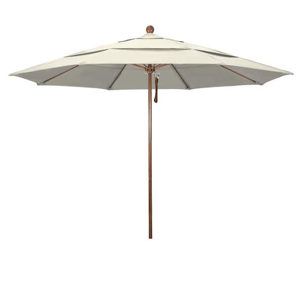 California Umbrella 11 ft. Woodgrain Aluminum Commercial Market Patio Umbrella Fiberglass Ribs and Pulley Lift in Beige Olefin
