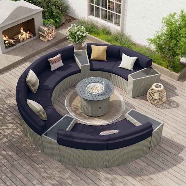 8-Person 13-Piece Fully Assembled Wicker Curved Half-Moon Outdoor Patio Fire Pit Conversation Set with Navy Cushions