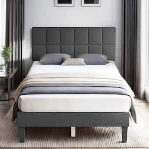 Dark Gray Wood Frame Twin Platform Bed with Linen Upholstered Adjustable Headboard