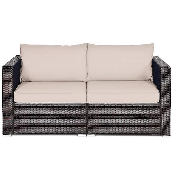 Costway Island 2-Piece Wicker Patio Conversation Set with Beige Cushions