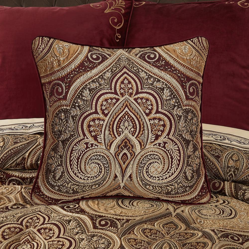 Bordeaux Crimson and Gold 20" Square Damask Throw Pillow