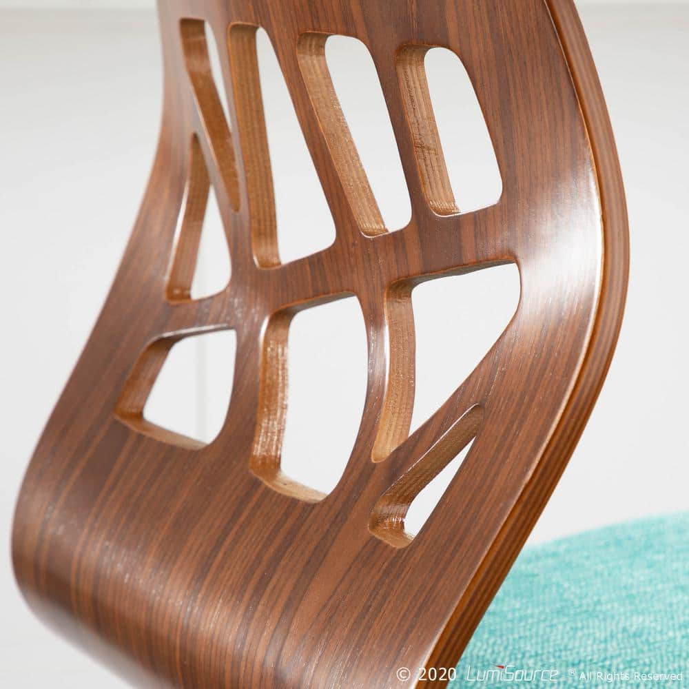 Walnut Wood Teal Fabric Mid Century Modern Swivel Counter Stool
