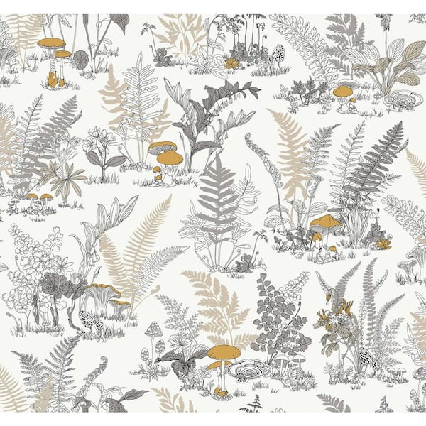 York Wallcoverings Mushroom Garden Toile White Neutral and Gold Wallpaper Roll