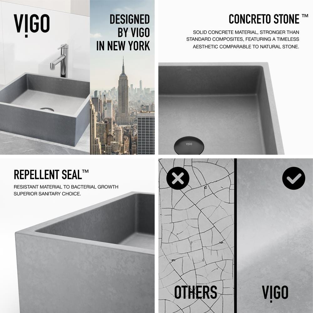 Gray Concrete Square Vessel Sink with Chrome Faucet