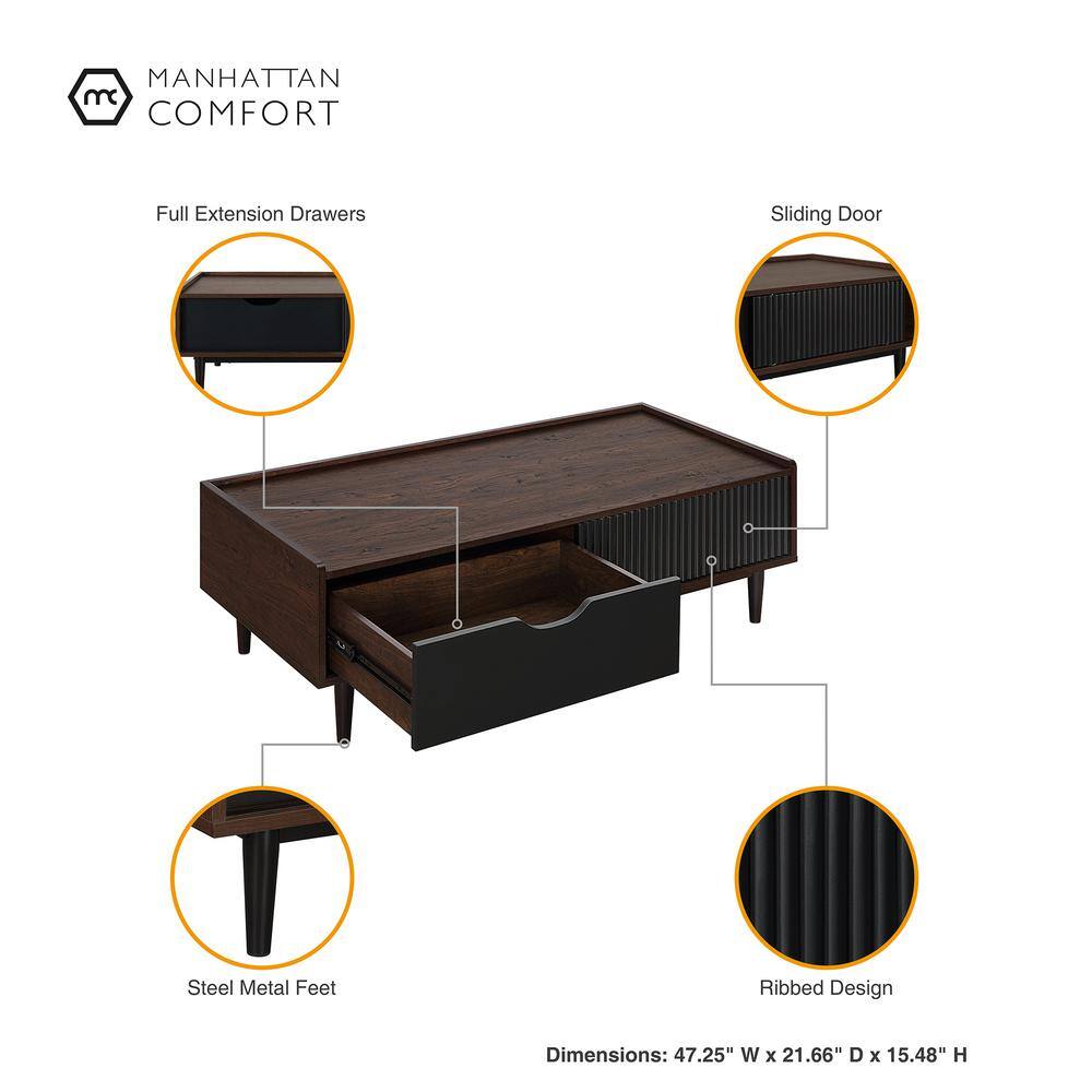 Duane Dark Brown and Black Ribbed Wood Coffee Table with Storage