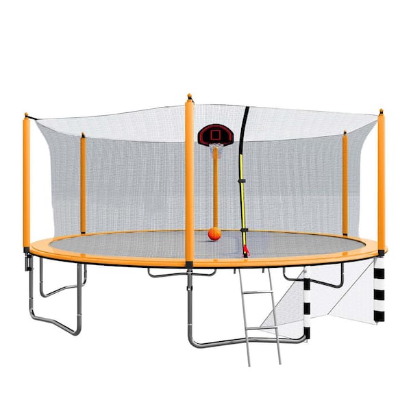 16 ft. Large Trampoline with Enclosure and Basketball Hoop in Orange