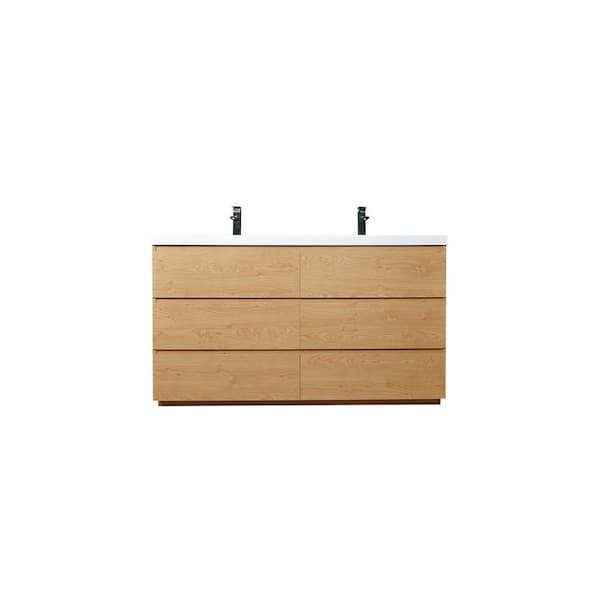 Moreno Bath Angeles 60 in. W Bath Vanity in New England Oak with Reinforced Acrylic Vanity Top in White with White Basins