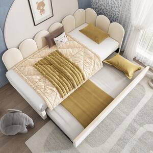 Beige Twin Size Velvet Upholstered Daybed with Twin Trundle, Metal Slatted Frame