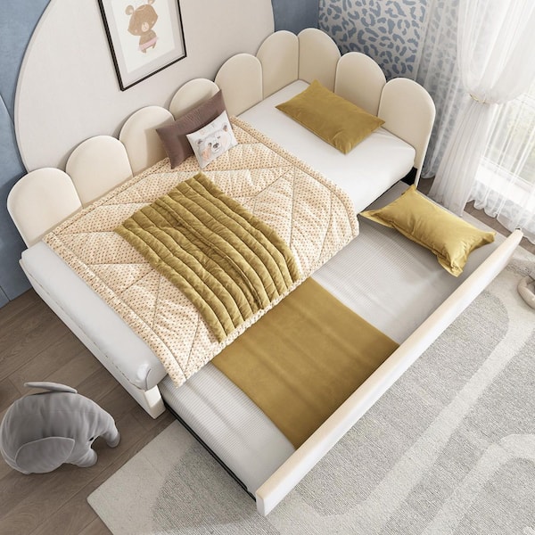 Beige Twin Size Velvet Upholstered Daybed with Twin Trundle, Metal Slatted Frame