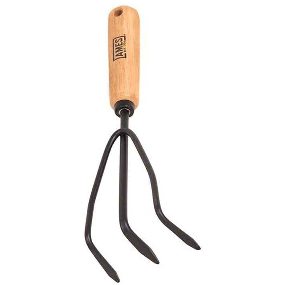 Short Wood Handle 3-Tine Steel Hand Cultivator
