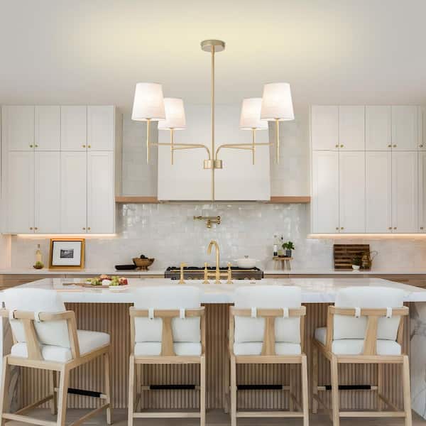 ハン14k（mix） TinHon Modern 4-Light Gold Chandelier with White Linen Shades