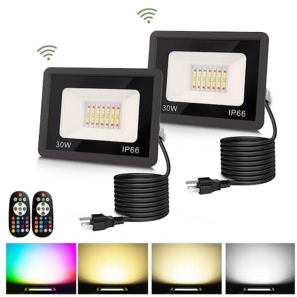 30 Watt Black Plug-in Outdoor 950 Lumen RGB Integrated LED Flood Light w/ 9. 8 ft. Cord Waterproof Dusk to Dawn for Yard