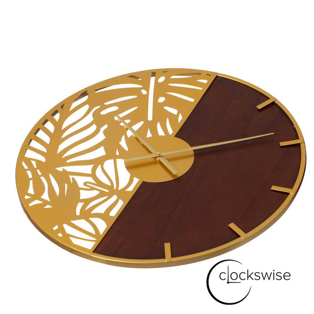 24" Brown Wood and Gold Metal Leaf Cutout Oversized Wall Clock