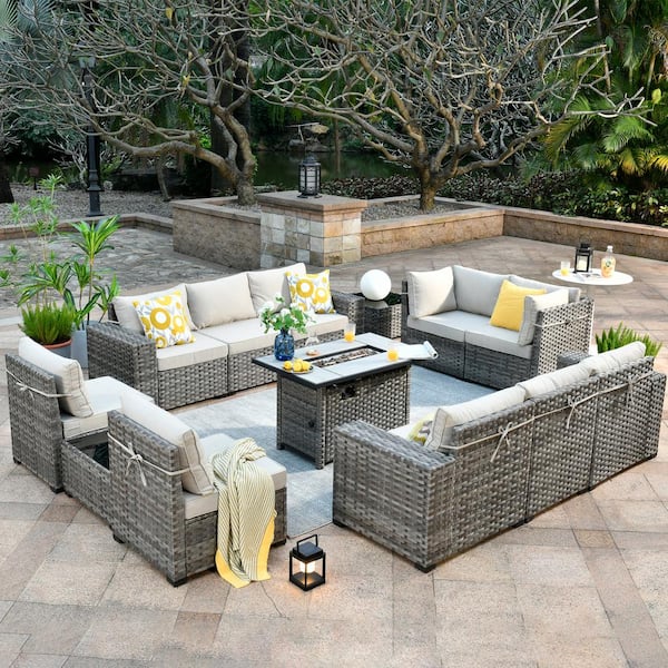 OVIOS Bissty Gray 13-Piece Wicker Wide Arm Patio Fire Pit Conversation Set with Beige Cushions