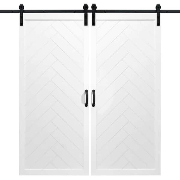 Dogberry 42 in. x 84 in. White Herringbone Wood Double Sliding Barn Door with Hardware Kit