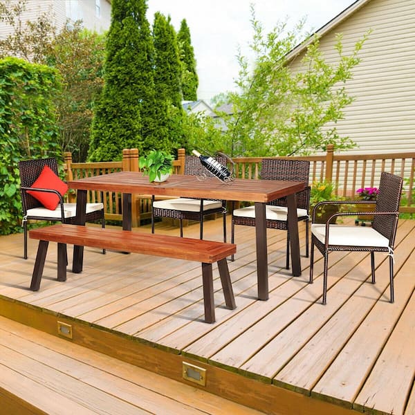 6-Piece Patio Wood Rattan Outdoor Dining Set with Acacia Wood Tabletop with White Cushions