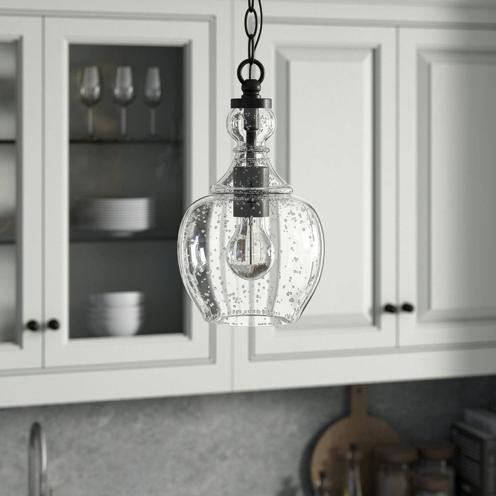Coastal Industrial 7" Bronze Mini Drum Pendant with Seeded Glass