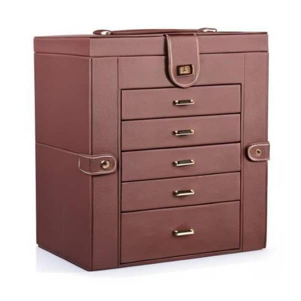 6 Tier 7"D x 12"W x 13"H Brown Sturdy Faux Leather Jewelry Box