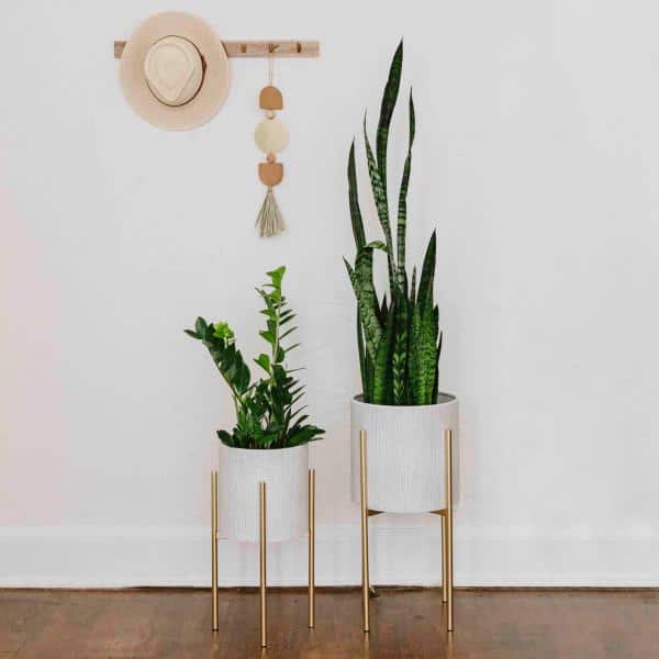White and Gold Embossed Metal Planters with Stands, Set of 2