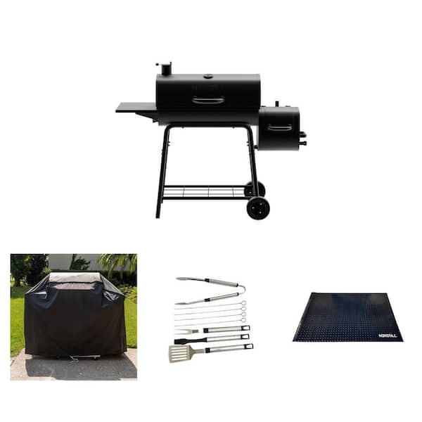 29 in. Barrel Charcoal Smoker Grill, 55 in. Cover, 8-Piece Tool Set and Diamond Plate Mat Combo