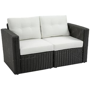 2-Pieces Patio Wicker Outdoor Corner Sofa Set, Loveseat with Curved Armrests and Padded Beige Cushion